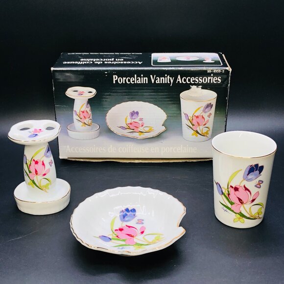 80s Floral Porcelain Vanity Accessory SET - toothbrush holder/soap dish/cup- NOS - Picture 1 of 11